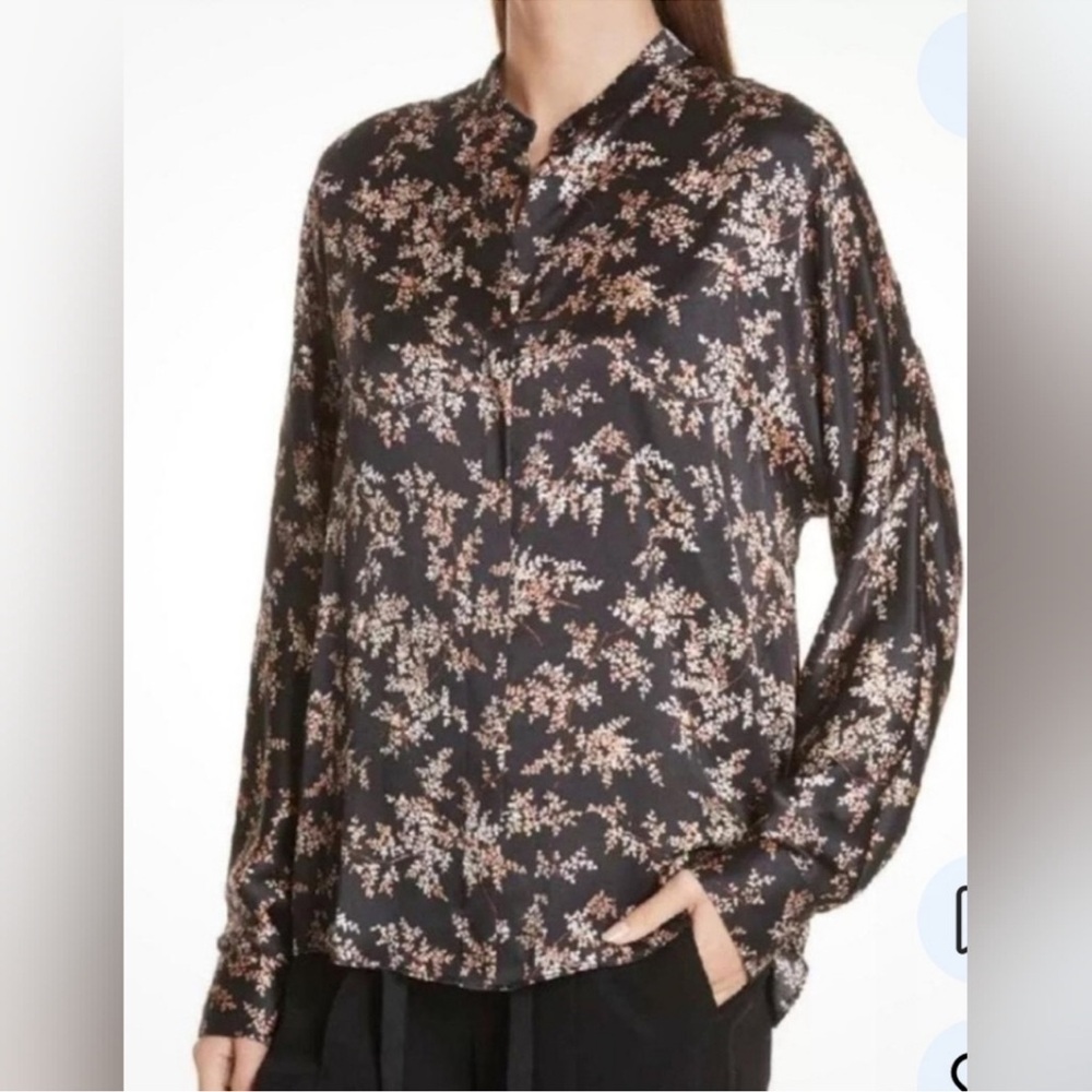 Vince Eden Lead Branch Floral Dark Brown 100% Silk Popover Blouse Size Medium